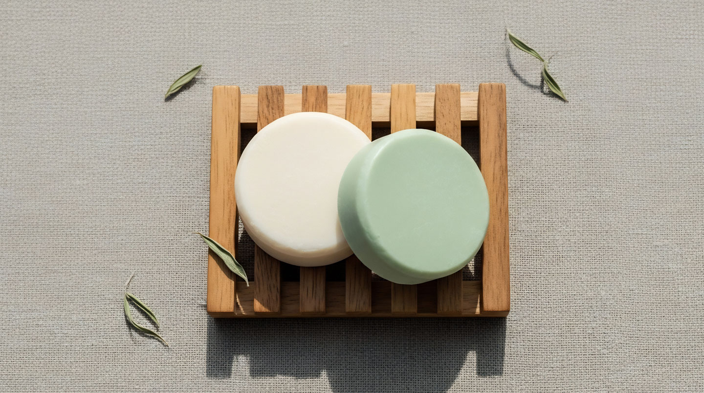Gros plan sur un porte-savon en luffa avec grille de drainage naturelle, gouttes d'eau s'évacuant visiblement, texture organique du matériau