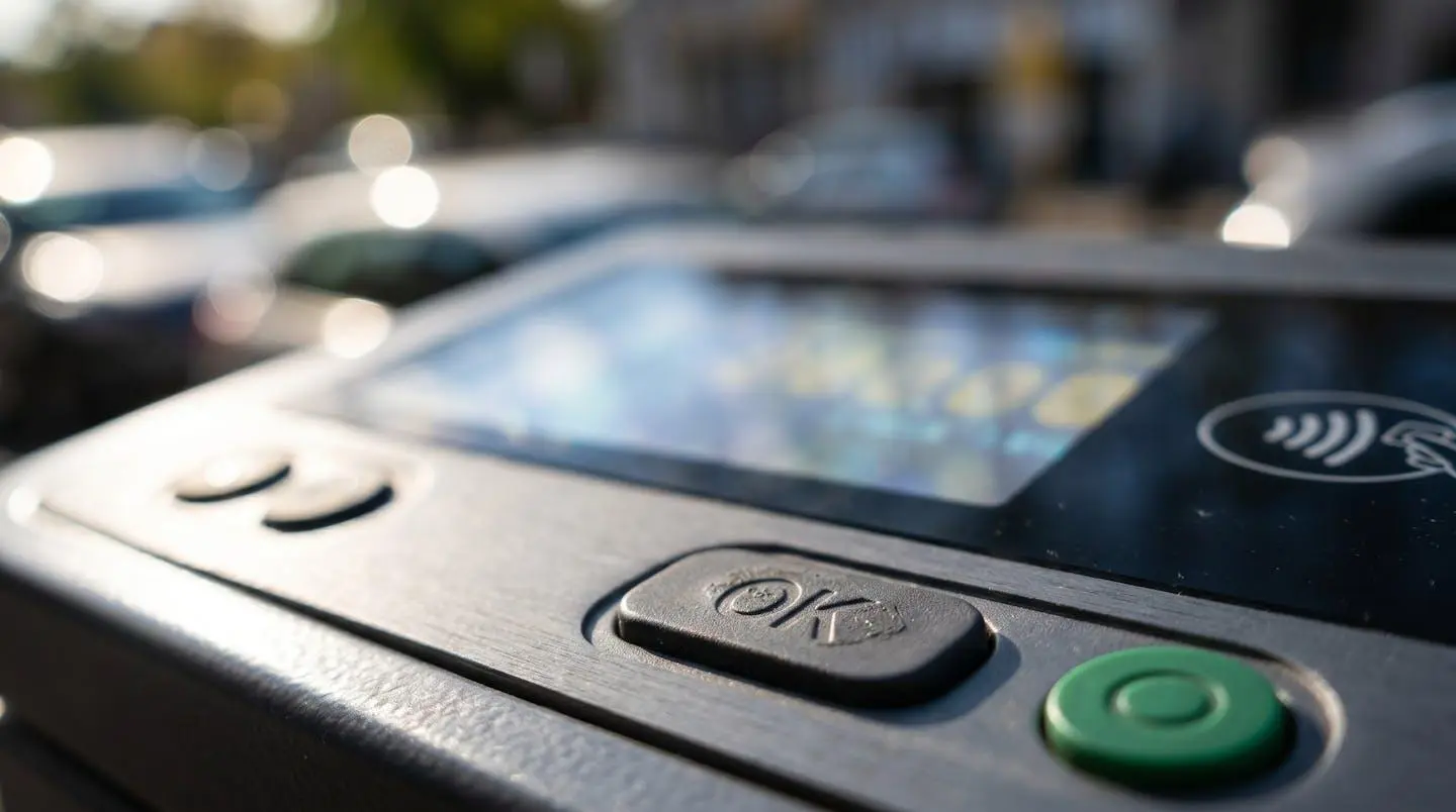 Gros plan sur une borne de paiement automatique de parking affichant des boutons de sélection et une interface tarifaire, avec un arrière-plan flouté