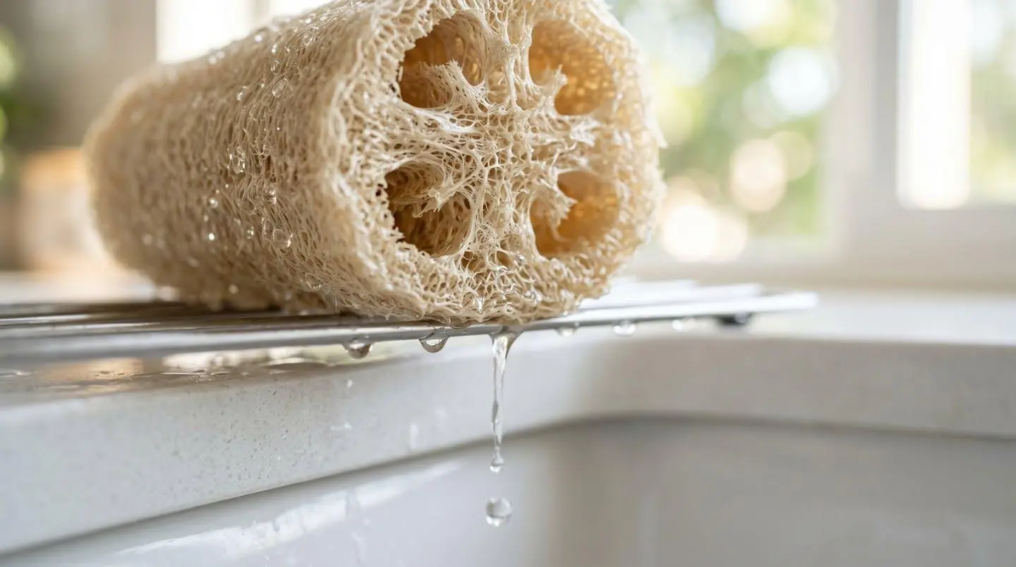 Gros plan sur un porte-savon en luffa avec grille de drainage naturelle, gouttes d'eau s'évacuant visiblement, texture organique du matériau