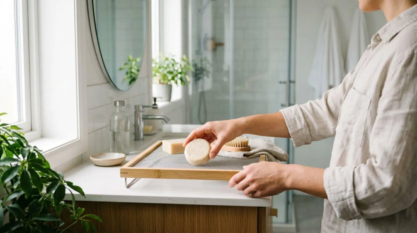 Mains vues de dos plaçant délicatement un shampoing solide sur une grille de séchage ventilée dans une salle de bain moderne