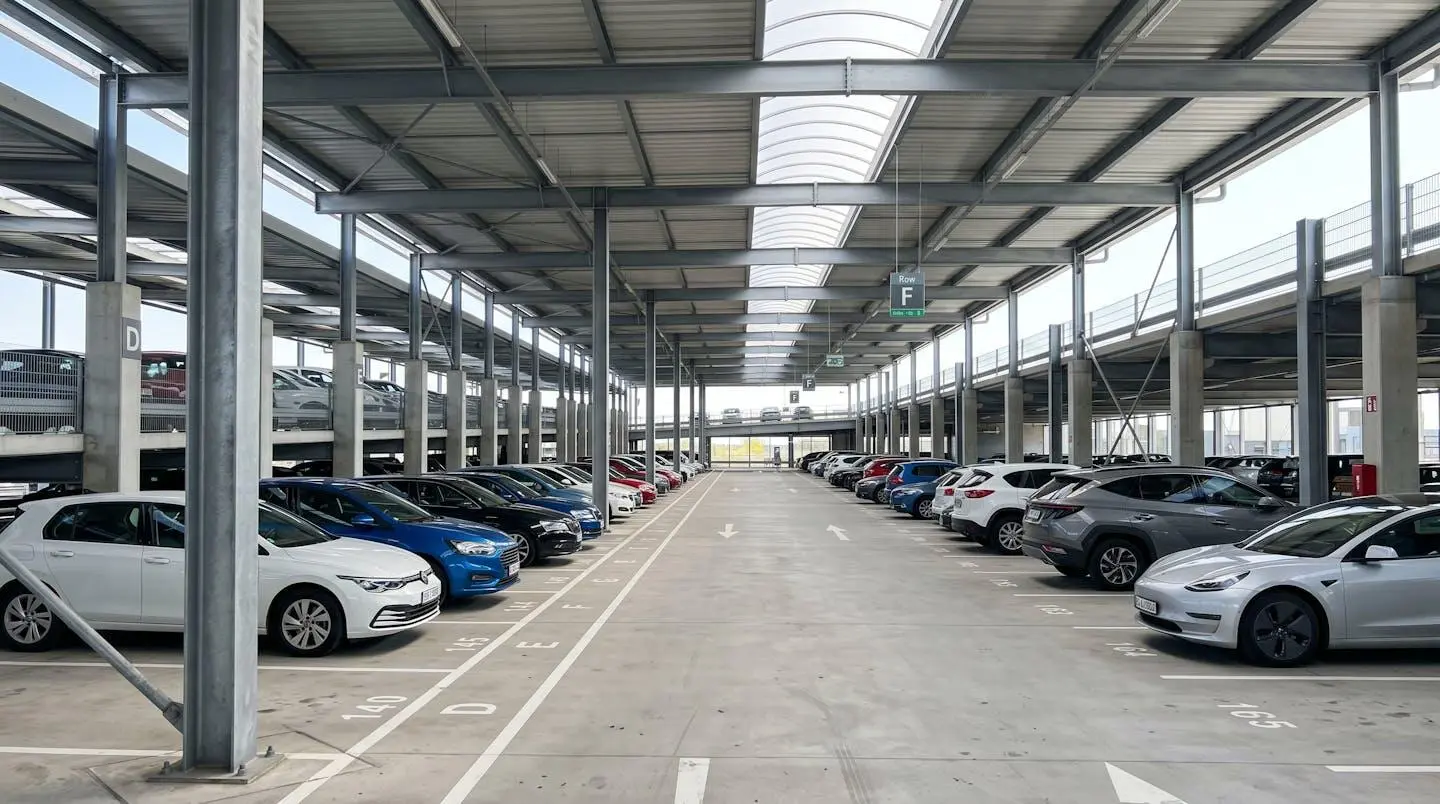 Vue en plongée d'un parking couvert moderne avec structure métallique contemporaine, allées larges et bien éclairées, rangées de voitures garées de manière ordonnée