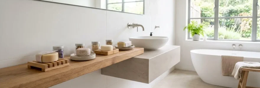 Salle de bain contemporaine avec étagère en bois clair où sont disposés plusieurs cosmétiques solides sur des porte-savons ventilés, lumière naturelle douce