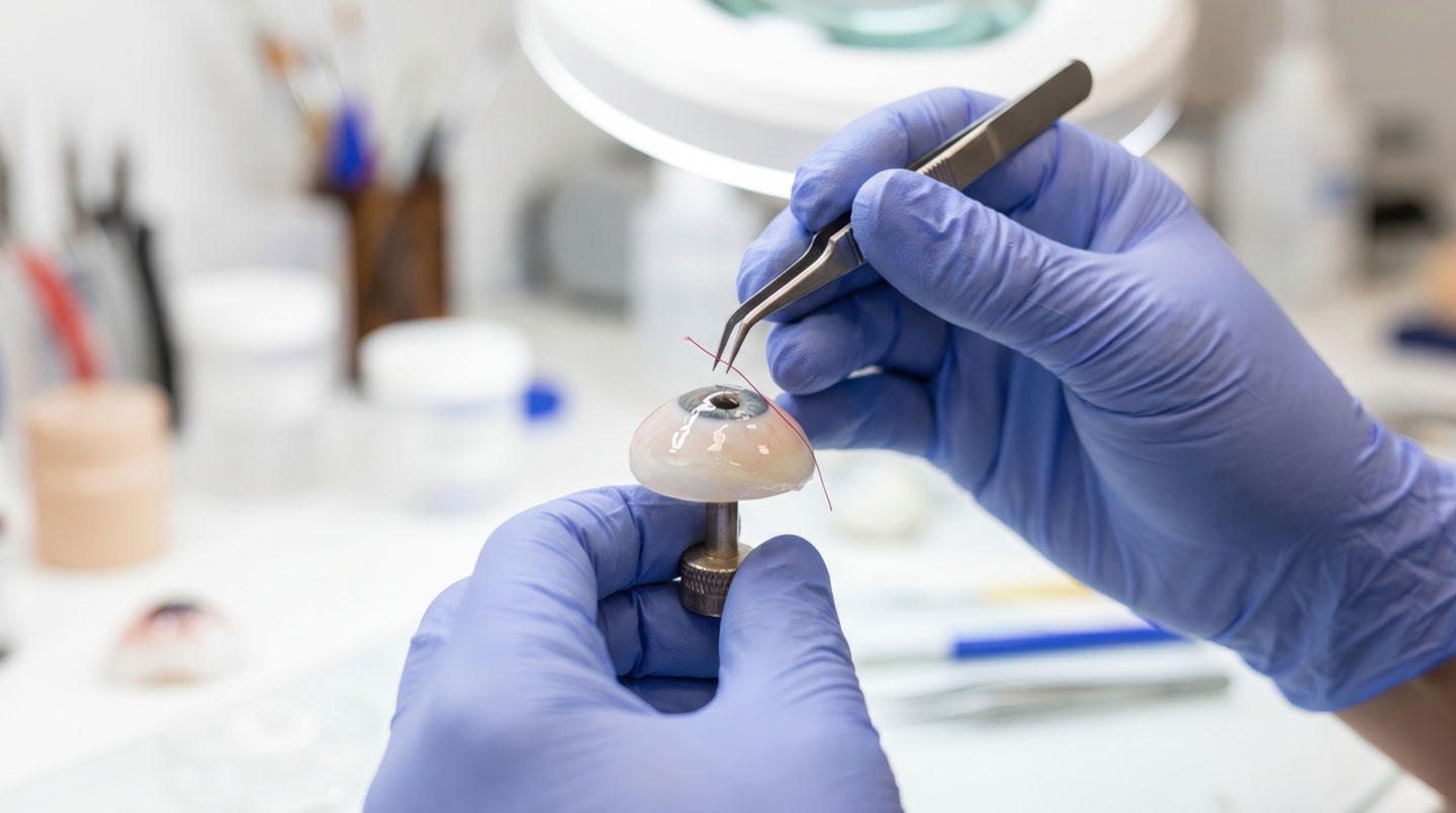 Patient de dos en consultation de suivi avec miroir médical sur table, dans un cabinet d'ophtalmologie moderne et lumineux