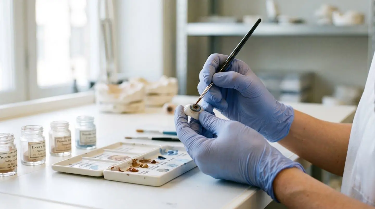 Mains gantées d'oculariste peignant l'iris d'une prothèse oculaire avec un pinceau fin, palette de pigments sur plan de travail blanc