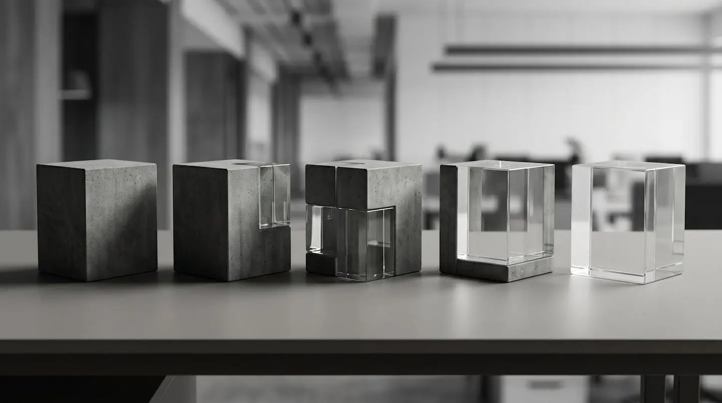 Quatre sphères minérales progressivement illuminées symbolisant les étapes chronologiques d'un projet de sécurisation énergétique