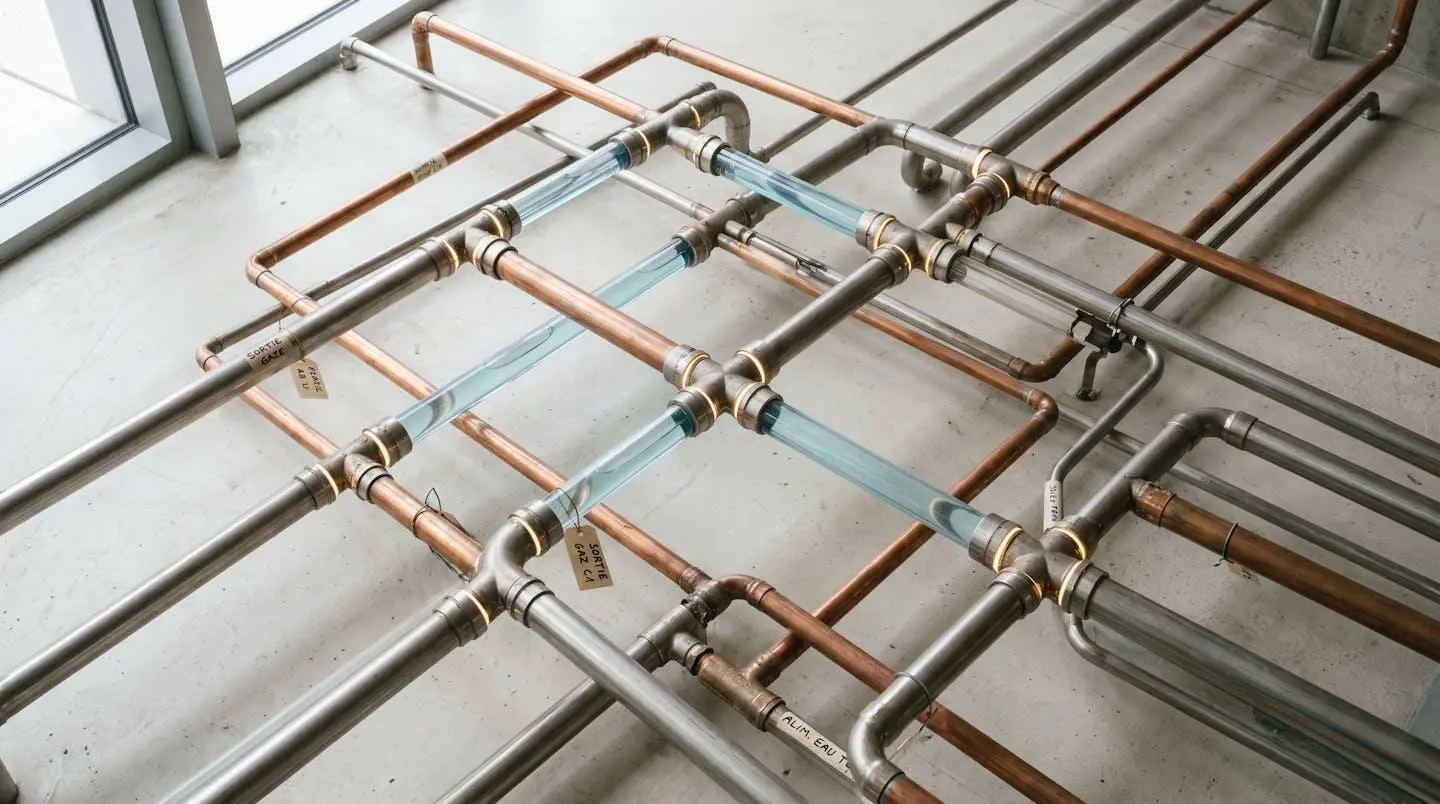 Réseau de canalisations métalliques interconnectées en structure géométrique symbolisant la diversification des sources d'approvisionnement énergétique
