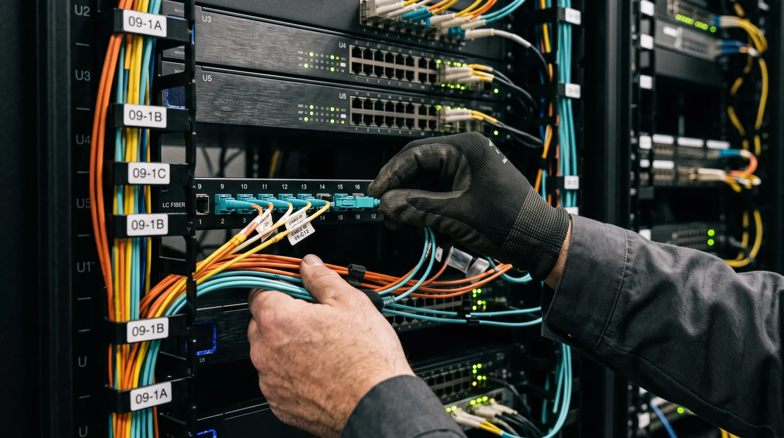 Gros plan sur les mains d'un technicien configurant des équipements réseau et câbles à fibre optique dans un rack serveur