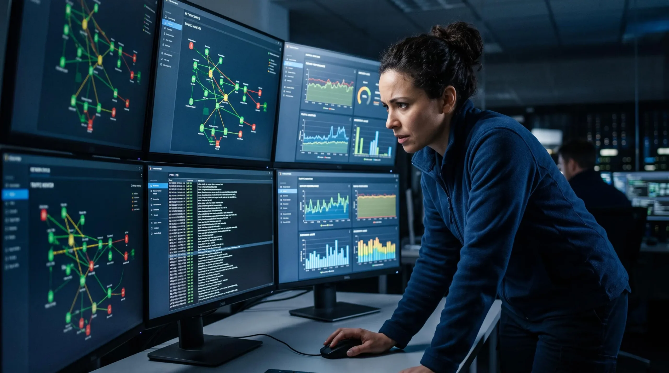Ingénieur IT surveillant activement les systèmes d'infrastructure sur plusieurs écrans de monitoring dans un centre d'exploitation réseau