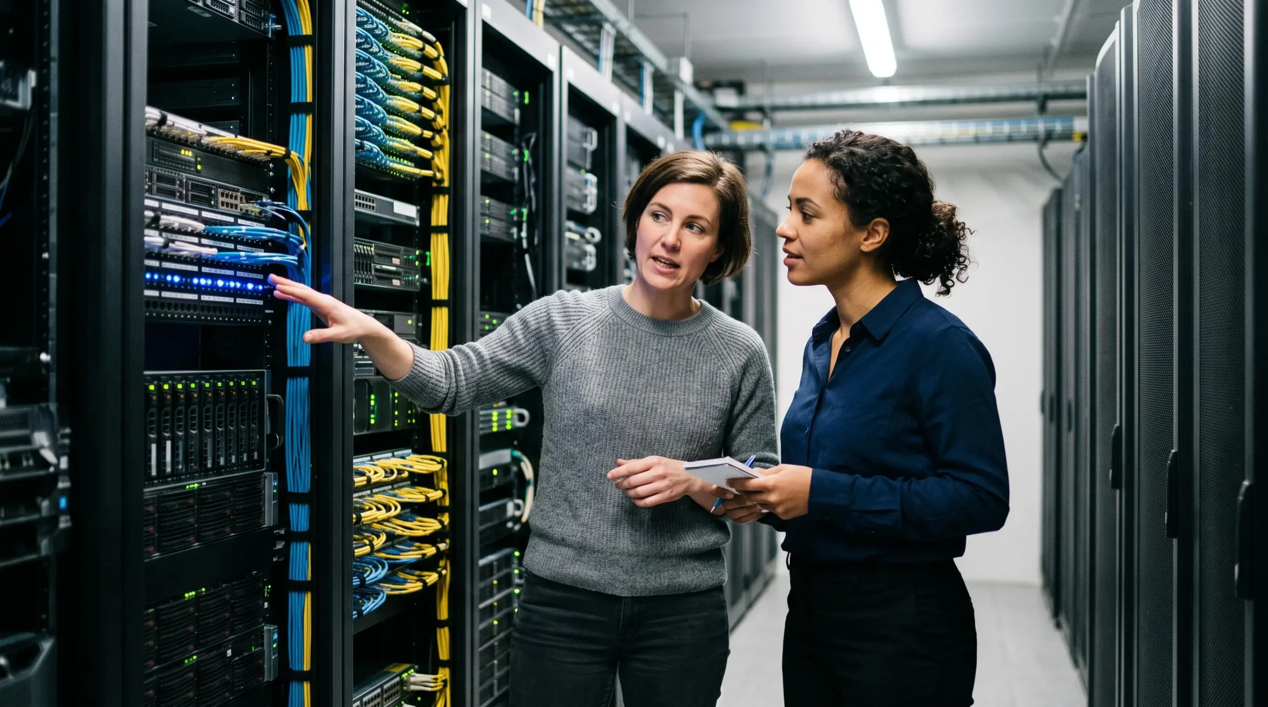 Deux professionnels IT en discussion technique debout devant des racks de serveurs dans un datacenter