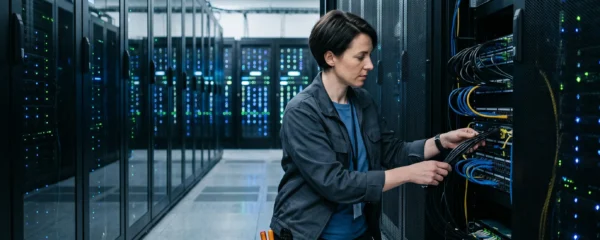 Technicien IT travaillant sur un rack de serveurs dans une allée d'un datacenter moderne avec rangées d'équipements éclairés