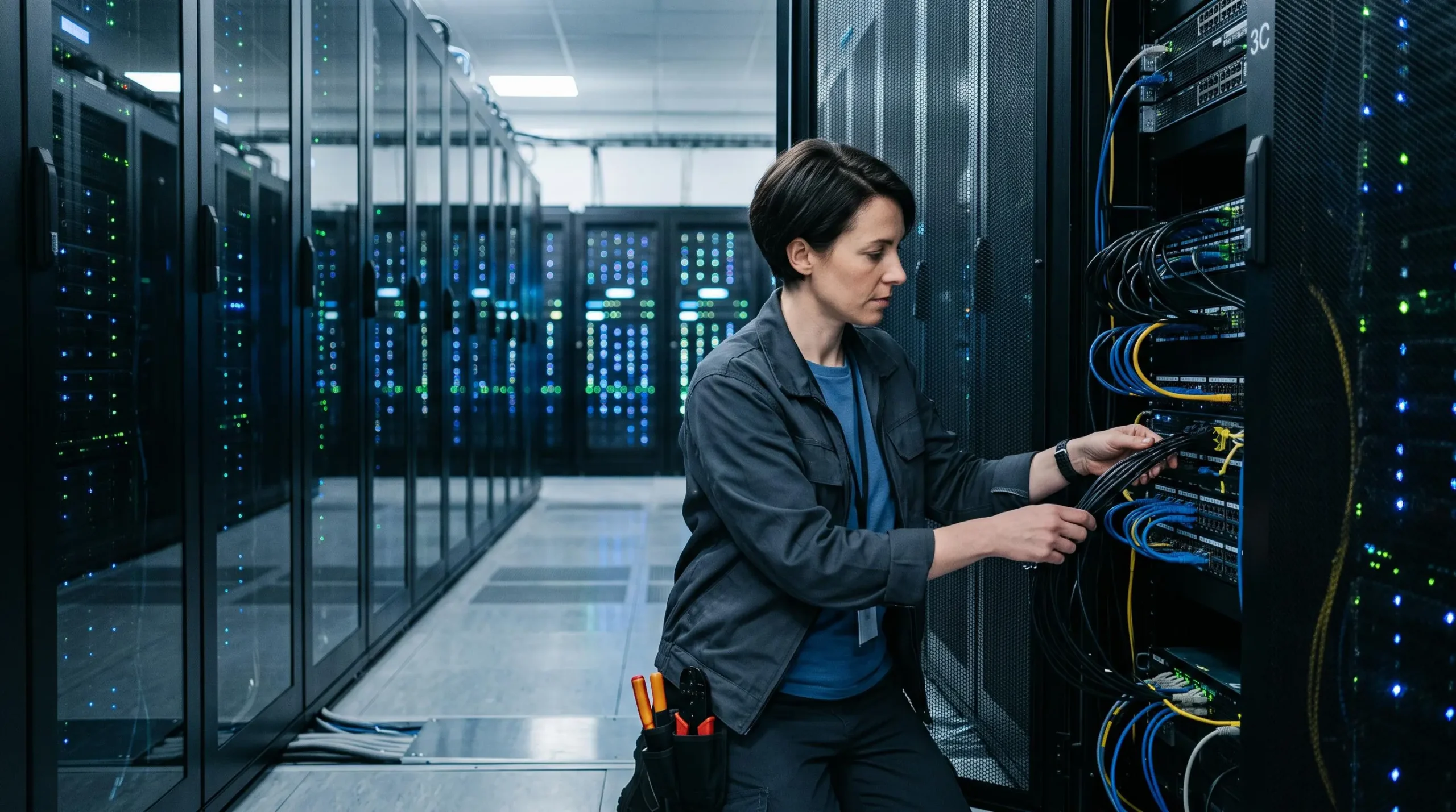 Technicien IT travaillant sur un rack de serveurs dans une allée d'un datacenter moderne avec rangées d'équipements éclairés