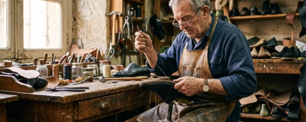 Un chausseur coud la tige d'une chaussure en cuir à son établi d'atelier.