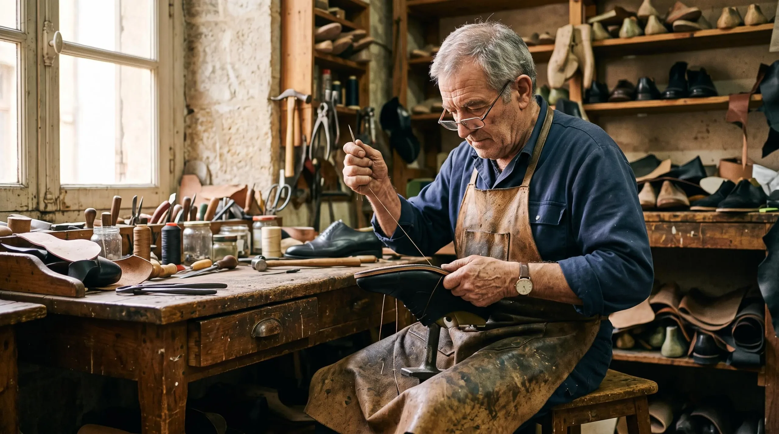 Un chausseur coud la tige d'une chaussure en cuir à son établi d'atelier.