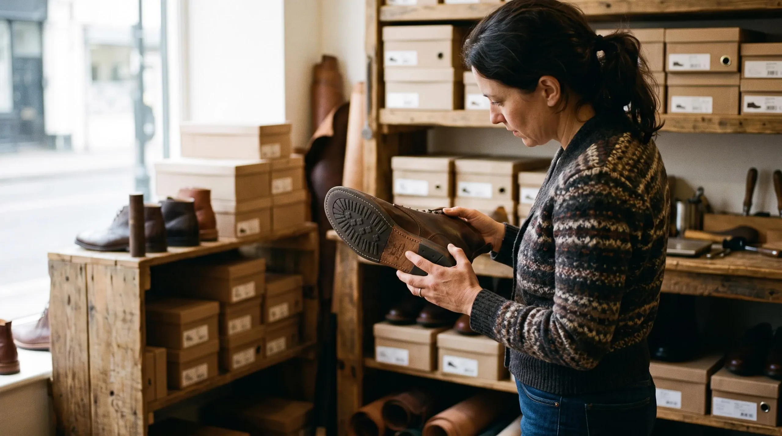 Une cliente examine la semelle et les coutures d'une chaussure en boutique.