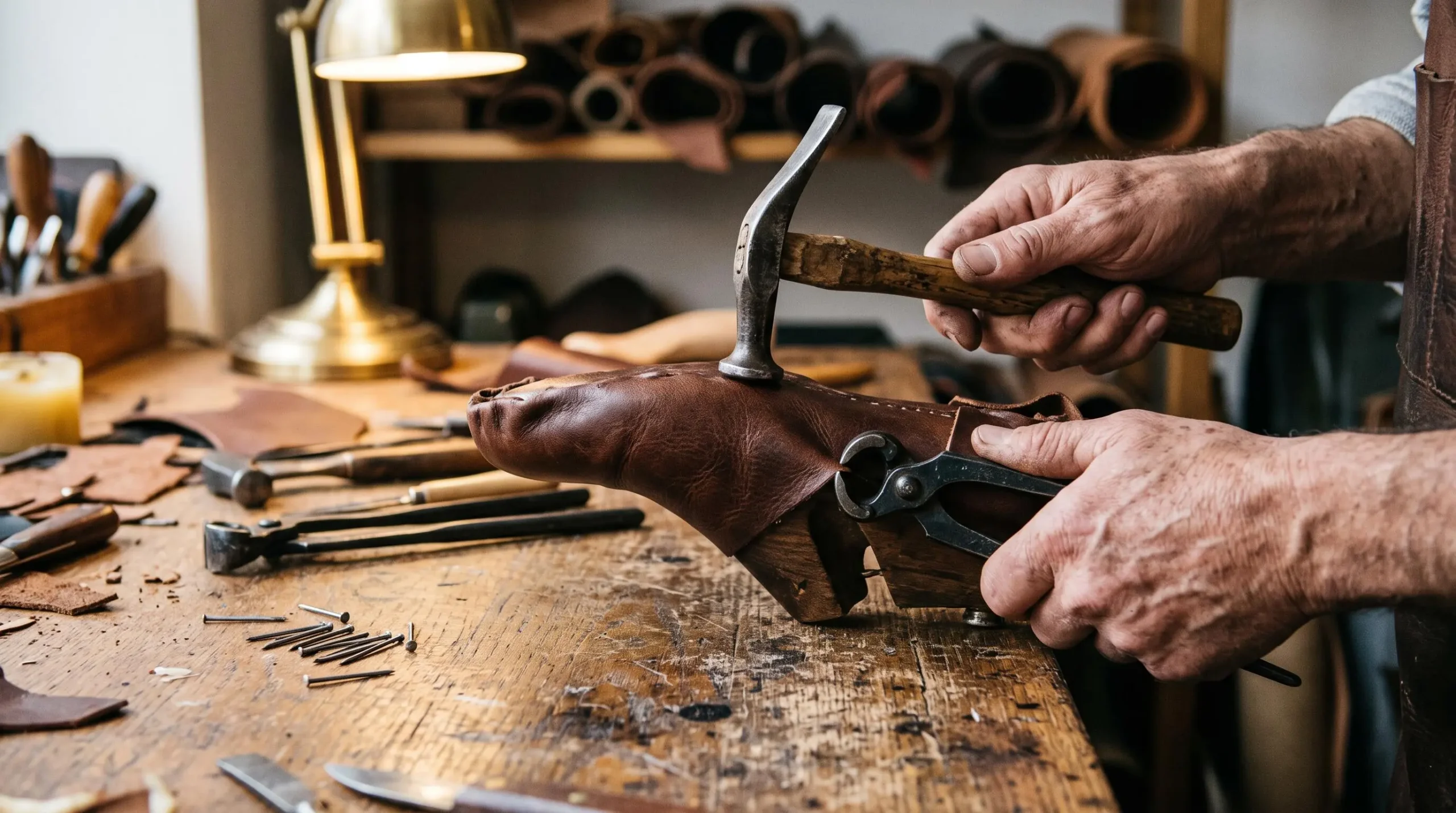 Des mains martèlent le cuir d'une chaussure sur une forme en bois.